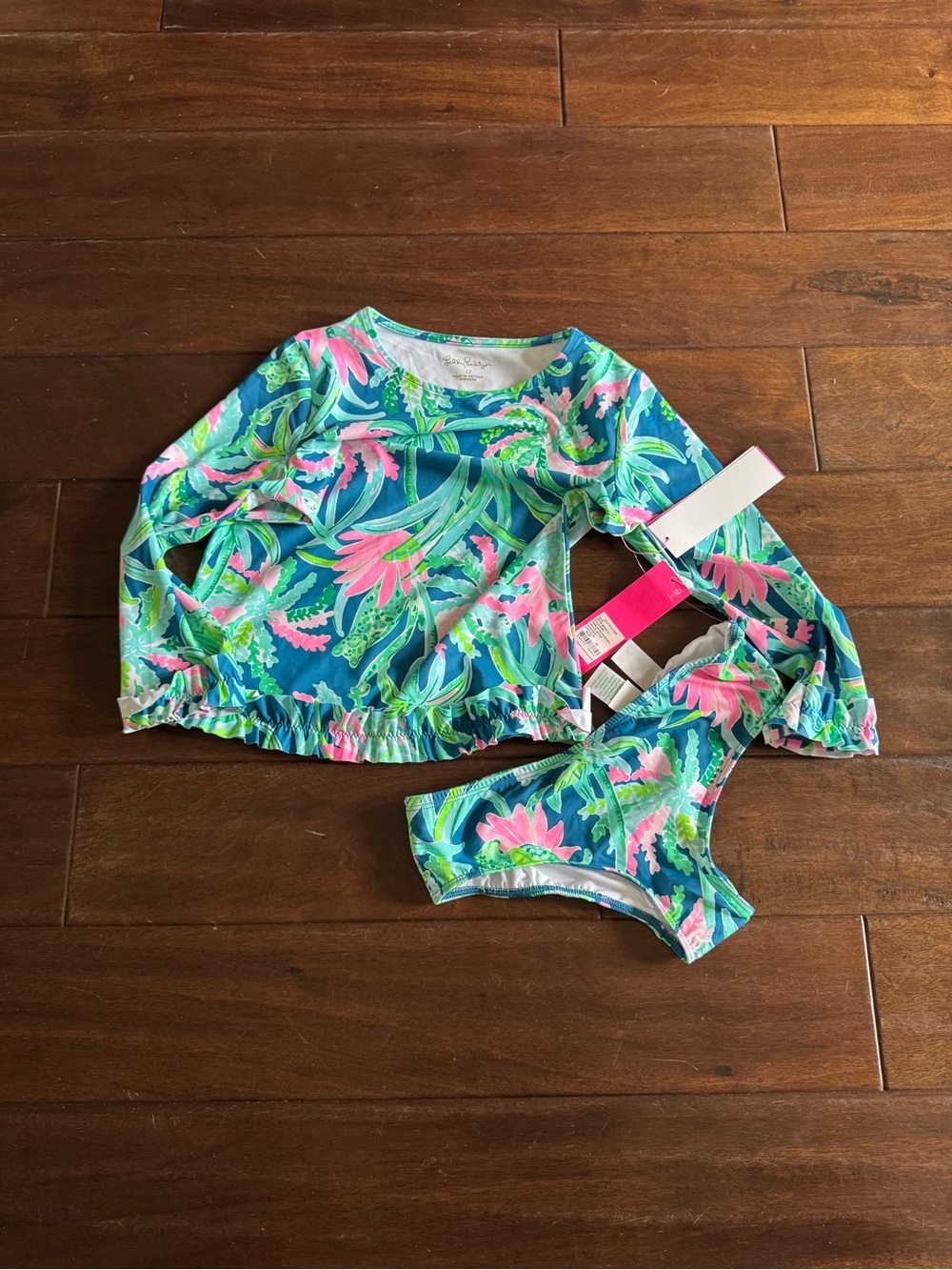 Girls' Long Sleeve Floral Rash Guard Bikini Set - Blue & Pink